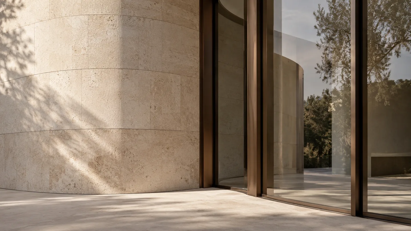 Curved limestone and bronze-framed glazing in quiet reflected light