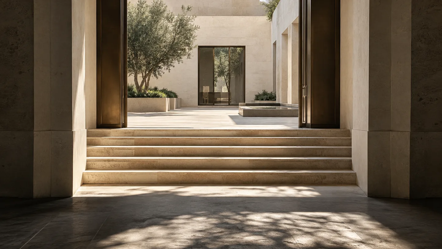 Limestone steps opening onto a sunlit courtyard